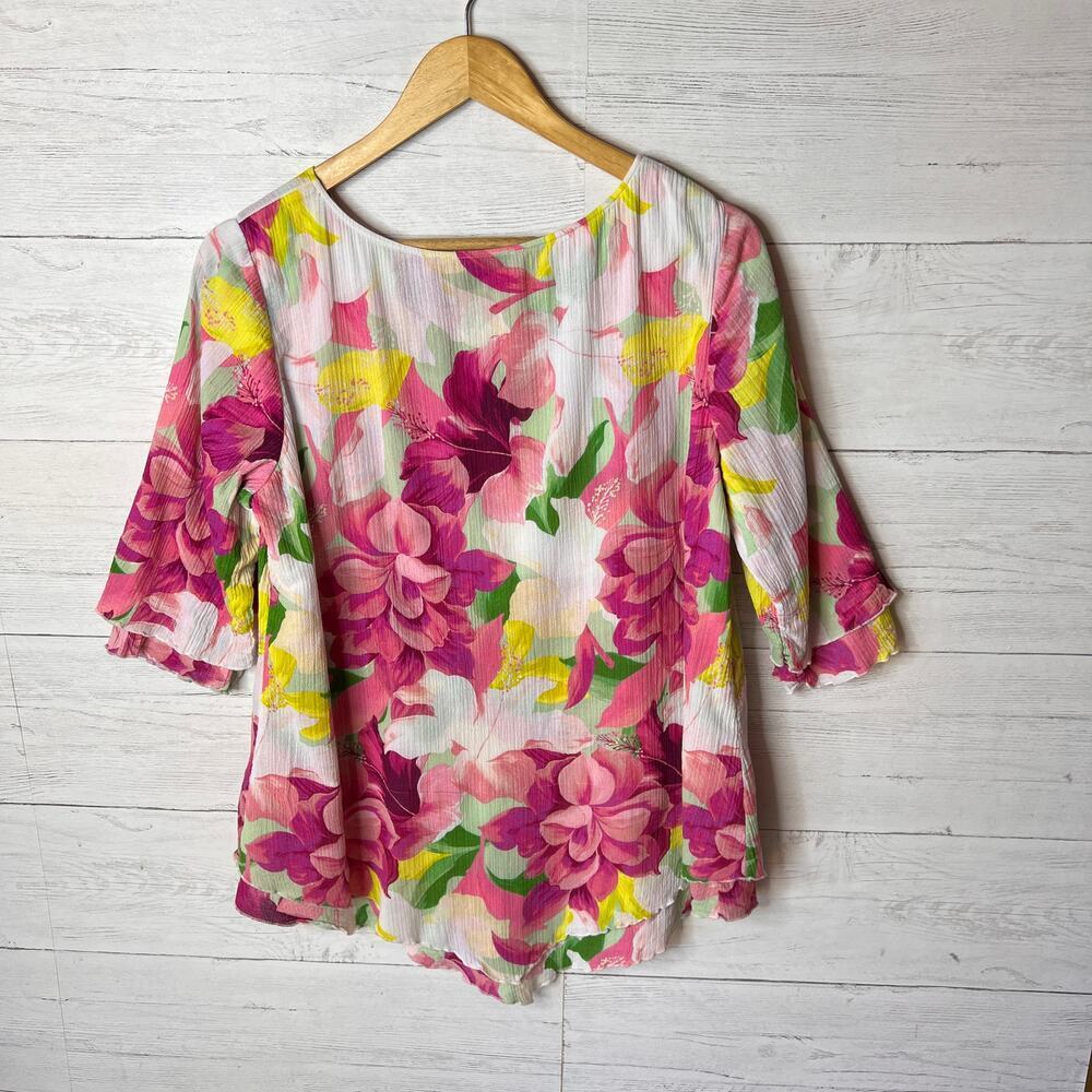 Soft Surroundings Blouse Womens Size Medium Colorful Floral Tiered Scallop Hem - Picture 13 of 16